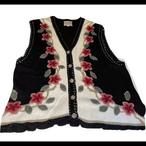 Vtg Susan Bristol Sz L sweatervest 1995 hand embroidered Flowers Vines Beautiful